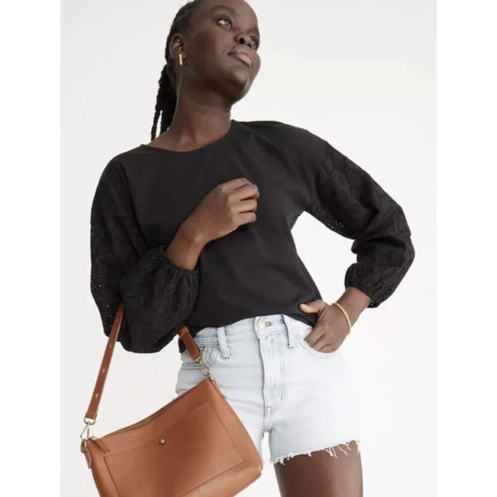 MADEWELL Eyelet-Sleeve Tee Top in True Black Size Small Boho Preppy Casual